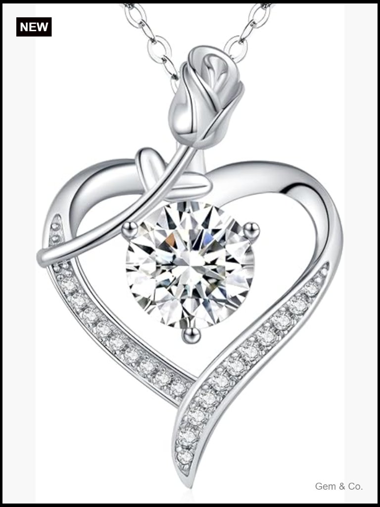 Rose Heart Pendant Necklace Moissanite 925 Sterling Silver 20 Inch
